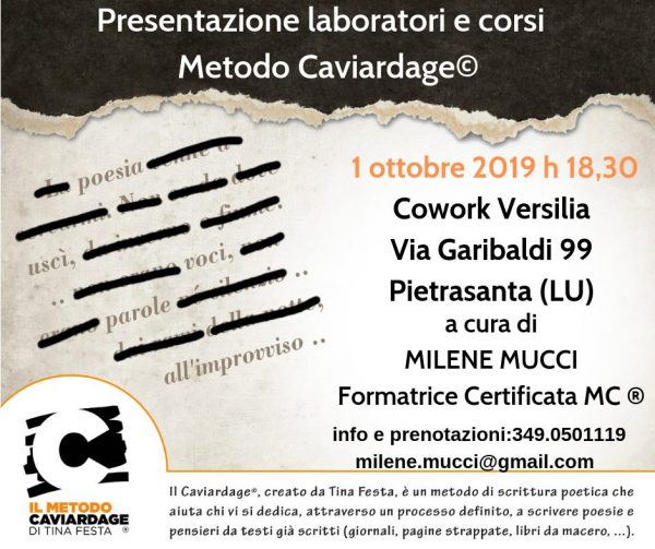 1 ottobre 2019 h 18,30 Cowork Versilia Via Garibaldi 99 Pietrasanta (LU)